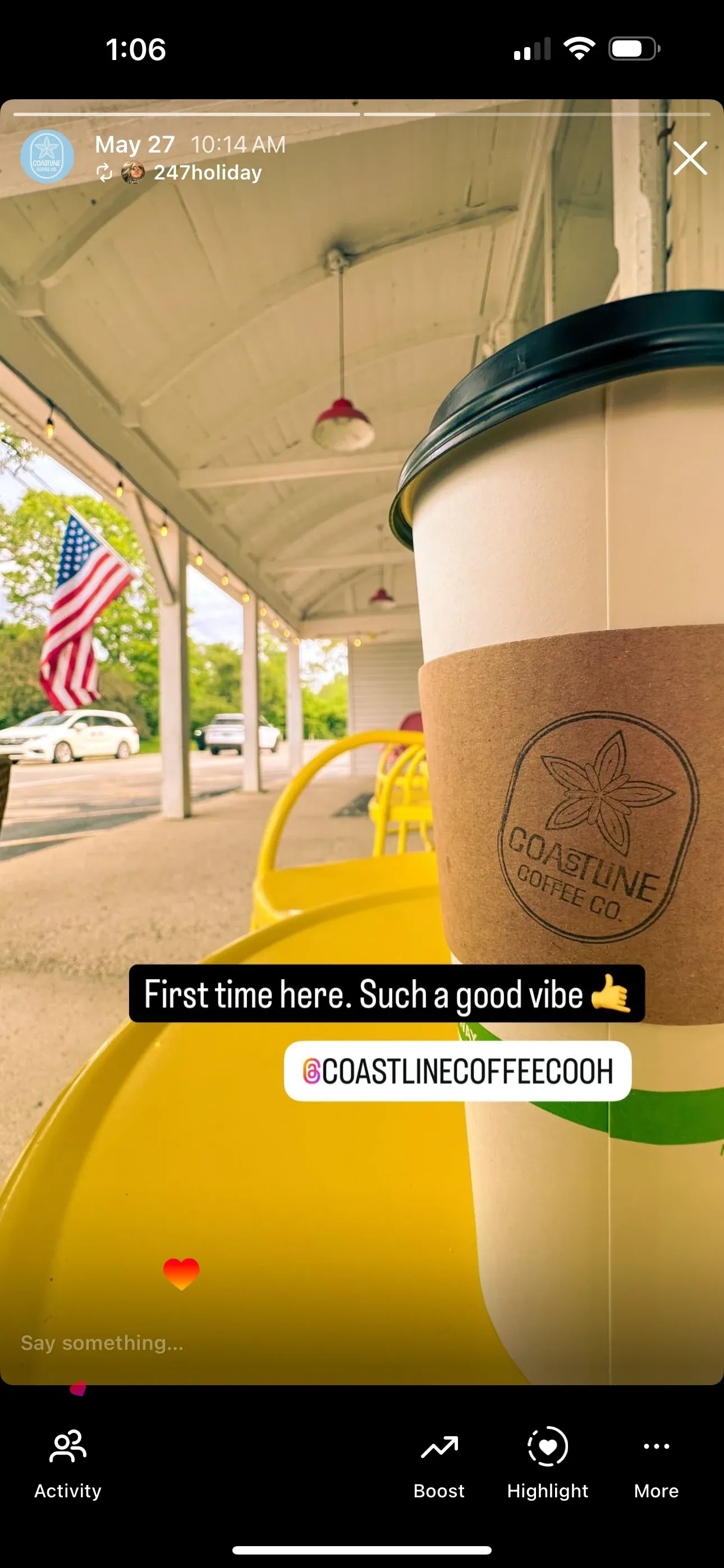 Customer review of Coastline Coffee on Instagram